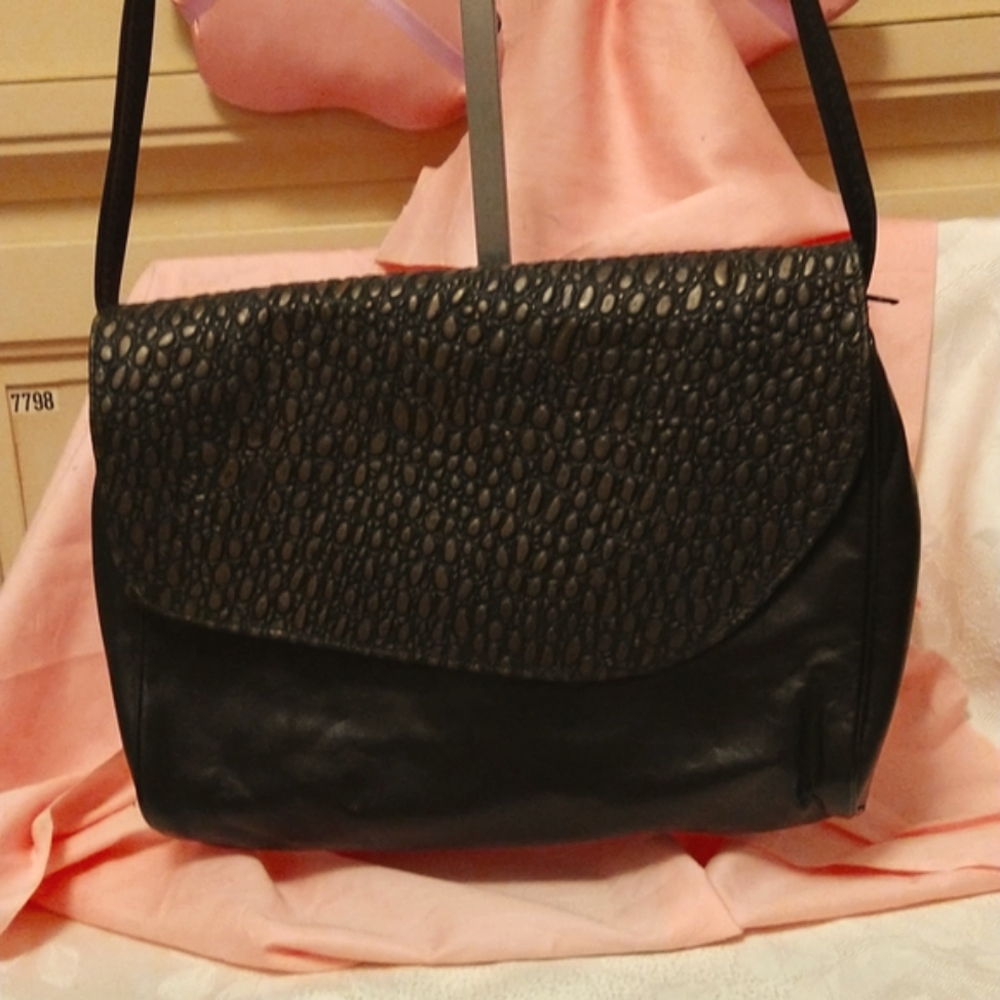 Vintage soft black leather smooth and textured shoulder bag